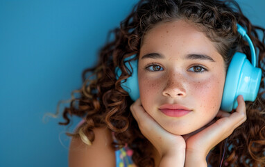 Wall Mural - A young person with long, curly brown hair is wearing blue headphones and looking thoughtfully at the camera. They have brown eyes, freckles, and are wearing a colorful shirt