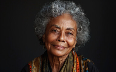 A Melanesian woman with gray, curly hair smiles at the camera. She wears a patterned scarf and a black jacket