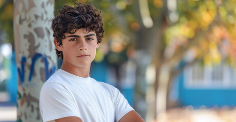 Wall Mural - A young Hispanic teenager with curly hair stands confidently outdoors, wearing a white t-shirt. They are leaning against a tree with their arms crossed, looking directly at the camera