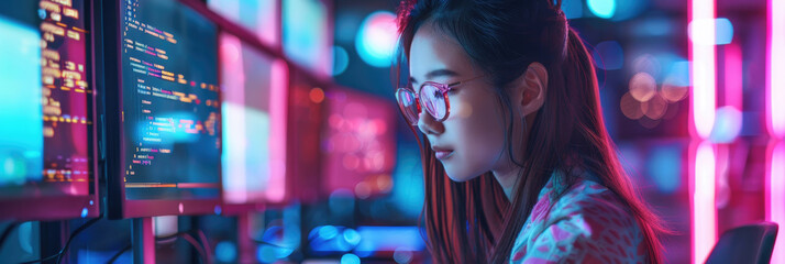 A young woman with long hair looks intently at a computer screen filled with code, while sitting in a brightly lit room