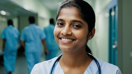 Poster - Nurse smiling face portrait on a hospital hallway