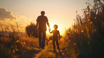 Father and young son walking hand in hand through nature at sunset, embodying the bond and happiness of a loving family