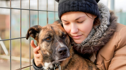 Young woman volunteering at an animal shelter warmly embracing and comforting a homeless dog during the cold winter season outdoors  The image captures a heartwarming moment of compassion care