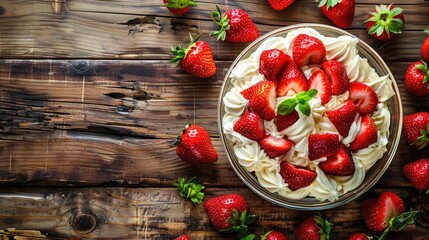 Wall Mural - Rustic homemade dessert with cream and fresh strawberries on wooden background Vintage vibe