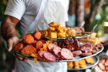 Sticker - Savoring the Dominican Republic Gastronomy: A Chef's Presentation of Mangu, Fried Cheese, and Salami, Highlighting the Nation's Iconic Culinary Delight.





