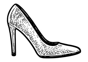 Wall Mural - woman high heel shoe sketch engraving PNG illustration. T-shirt apparel print design. Scratch board imitation. Black and white hand drawn image.