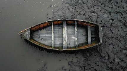 Wall Mural -  Aerial view of a broken boat, on a rocky shore, minimalist photography, graphic design-inspired, dark blue and light gray, aerial perspective, aerial photo,