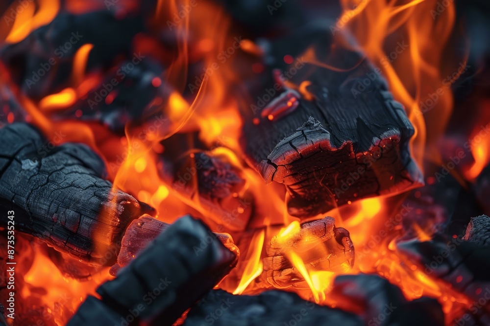 Fiery and intense flames engulfing charcoal with glowing embers and ...