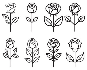 Rose flower black outline icon natural style green leaf celebration design.