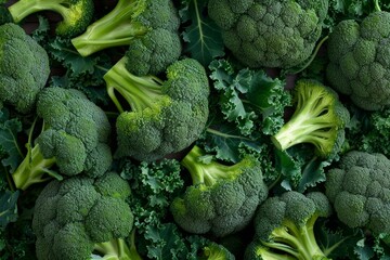 Sticker - Top view of fresh green broccoli heads and kale leaves forming a lush, healthy backdrop