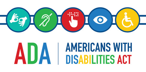 Americans with Disability Act. ADA is a civil rights law that prohibits discrimination based on disability.Vector illustration