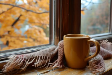 Sticker - Warm mug rests on a wooden windowsill, wrapped in a comfy scarf with fall foliage outside