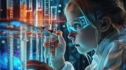 Young girl analyzing test tubes with a futuristic holographic interface, child scientist merging science and technology