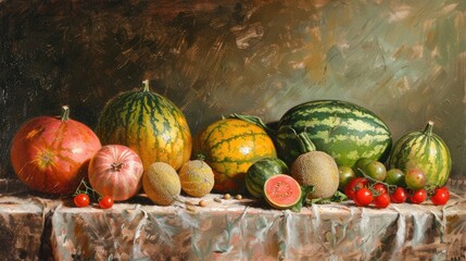 Wall Mural - A painting of a table with a variety of fruits and vegetables, including watermelons, apples, and tomatoes