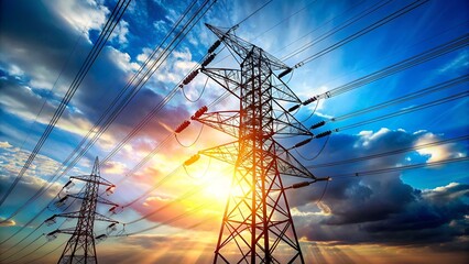 looking up steel power pylon construction with high voltage cables against blue sky. wide banner for