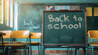 © EliteStockPhotos - Green chalkboard with 'Back to School' text in a brightly lit classroom setting, desks and chairs, perfect for educational themes and school promotions. Copy space available.