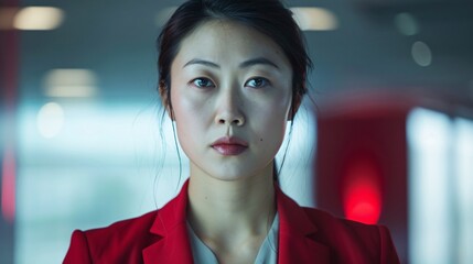 Dark white and light crimson tones on an Asian woman in workplace attire, 32k uhd