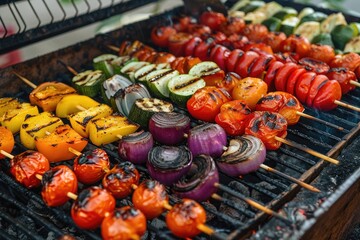 Sticker - A grill with a variety of vegetables and onions on it. The vegetables are being grilled and the onions are being cooked