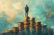 © Jaroon - A man stands on top of a pile of gold coins. The coins are stacked on top of each other, creating a sense of wealth and prosperity. The man's presence on the top of the pile emphasizes his status