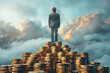 © Jaroon - A man stands on top of a pile of gold coins. The coins are stacked on top of each other, creating a sense of wealth and prosperity. The man's presence on the top of the pile emphasizes his status