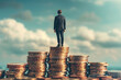 © Jaroon - A man stands on top of a pile of gold coins. The coins are stacked on top of each other, creating a sense of wealth and prosperity. The man's presence on the top of the pile emphasizes his status