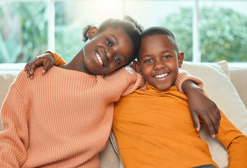 Black kids, hug and home portrait for love in relationship, together and support in childhood. Children, siblings and embrace for security in connection, trust and relax in living room for care