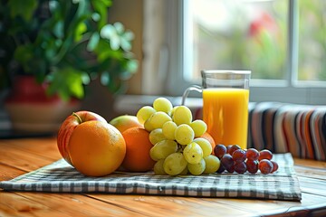 Wall Mural - A table with a variety of fruits and a glass of orange juice. The fruits include apples, oranges, and grapes. Concept of freshness and health, as the fruits are a nutritious and delicious snack