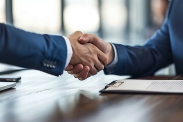 Wall Mural - Close-up of a firm handshake between two businesspeople with contract on table