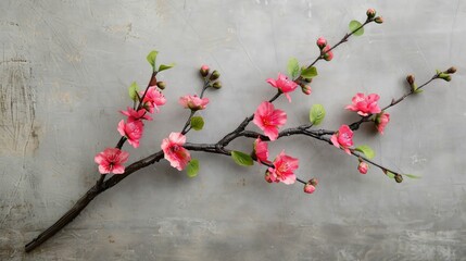 Canvas Print - Pink Cherry Blossom Branch on Grey Background