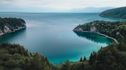 Wall Mural - A stunning aerial view of a turquoise bay surrounded by lush green forests and rocky cliffs. The clear, calm water gently laps against the shore