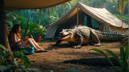 Wall Mural - A woman sits near a crocodile in the jungle. AI.