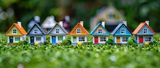 Canvas Print - A row of colorful miniature houses on green grass. AI.