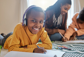 Wall Mural - Black child, portrait smile and homework with headphones for learning, development and writing in home. African boy, happy and listening to music with education, english notes and studying for test