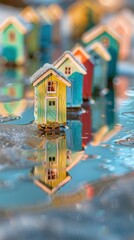 Poster - Miniature houses sit in a puddle reflecting their surroundings. AI.