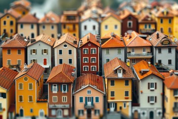 Sticker - A miniature model of a town with colorful houses and orange rooftops. AI.