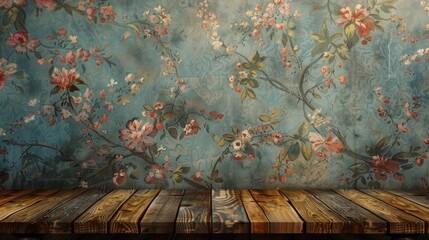 Poster - Wooden table on vintage wallpaper background