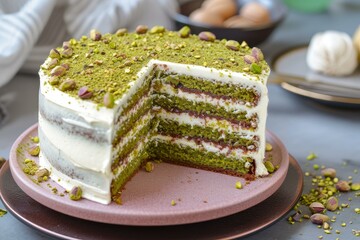 Wall Mural - Delicious homemade pistachio cake with cream cheese frosting and a slice taken out, presented on a table