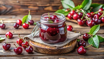 Sticker - Homemade cherry jam in a glass jar on a rustic table, food, preserve, fruit, canning, homemade, sweet, delicious, organic, natural