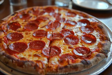 Wall Mural - A pepperoni pizza with melted cheese and pepperoni slices. The pizza is cut into slices and placed on a metal pan