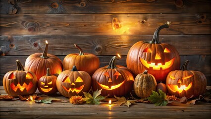 Canvas Print - Festive Halloween Carved Pumpkins with creative Jack-O'-Lantern display, Halloween, pumpkins, Jack-O'-Lanterns