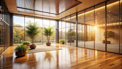 Wall Mural - Tranquil hall with minimalist decor, warm colors, and large glass windows