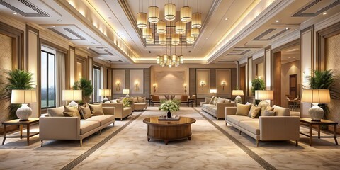 Wall Mural - Sophisticated large hall with soft warm lighting, neutral furnishings, and a relaxing ambiance, sophisticated