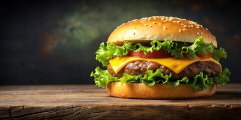 Wall Mural - Classic cheeseburger with melted cheddar and lettuce, cheeseburger, classic, melted cheddar, lettuce, burger, fast food, tasty