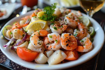Wall Mural - A white plate with shrimp, tomatoes, and lemon slices. The plate is full of food and looks delicious