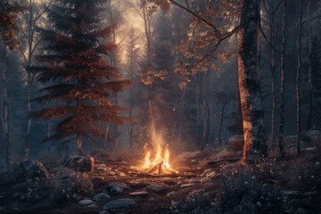 Wall Mural - Magical scene of a campfire in a misty forest during the blue hour with glowing embers and tranquil ambiance