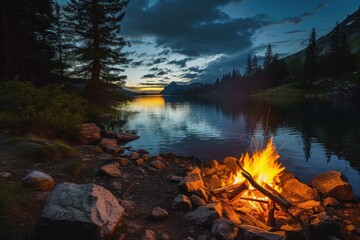 Canvas Print - Tranquil evening by a lakeside with a campfire blazing as the sun sets behind mountains