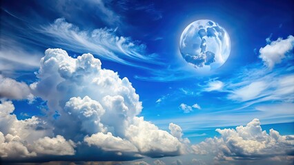 Canvas Print - Bright blue sky with fluffy white clouds and a full moon shining in the distance, sky, blue, clouds, moon, bright, fluffy