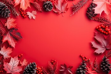 Wall Mural - elegant border of autumn leaves, pine cones, and berries on a vibrant red backdrop, perfect for seas