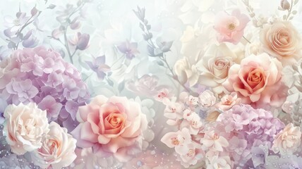 Wall Mural - Soft pastel floral arrangement of roses and hydrangeas. Various flower with colorful pastel watercolor style with white color. Springtime flowers concept for wallpaper, tile and greeting cards. AIG53F