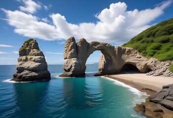 A large natural stone arch formation rising from a rocky coastline, surrounded by lush greenery and a calm, turquoise ocean under a bright blue sky with fluffy clouds